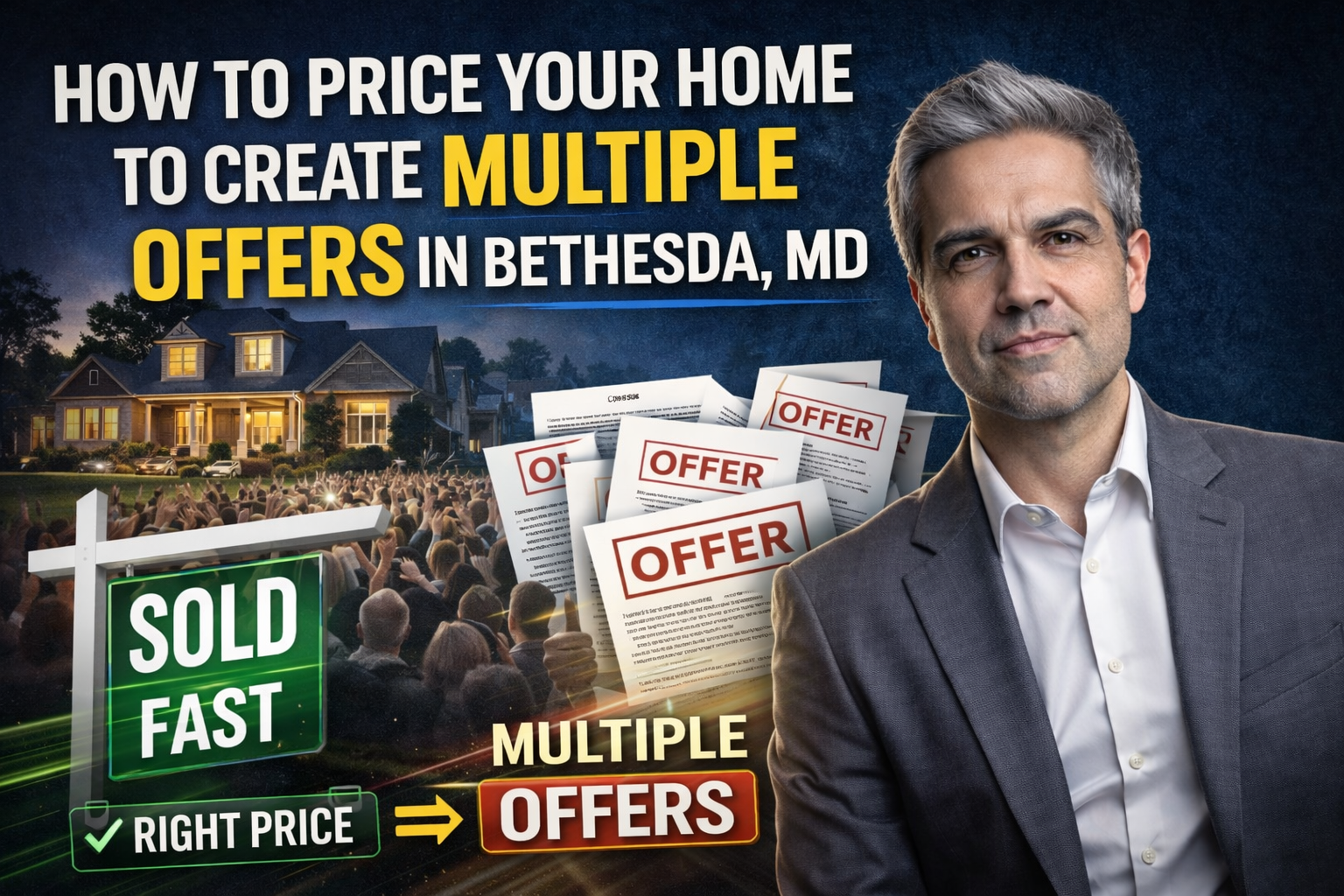 Real estate thumbnail showing a man in a gray suit with text about pricing a home to create multiple offers in Bethesda MD, with images of a house, crowd of buyers, and offer documents