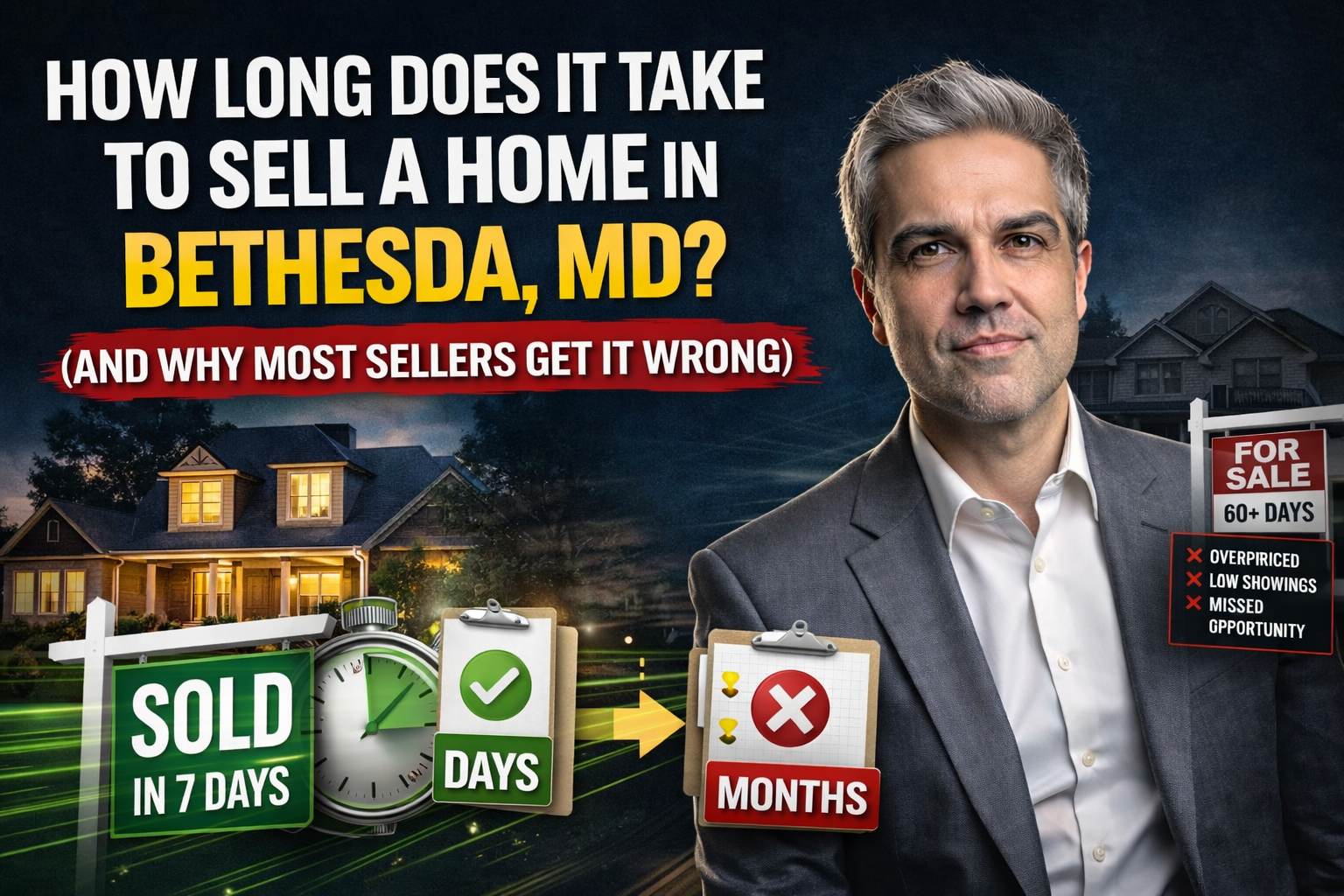 Real estate thumbnail showing a man in a gray suit with text about how long it takes to sell a home in Bethesda MD, comparing fast sales vs homes sitting on the market