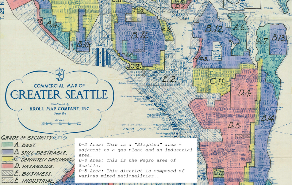 1936 map of Seattle showing redlining. D-2 refers to "blighted" areas, D-4 refers to "Black" areas and D-5 refers to mixed nationality areas.