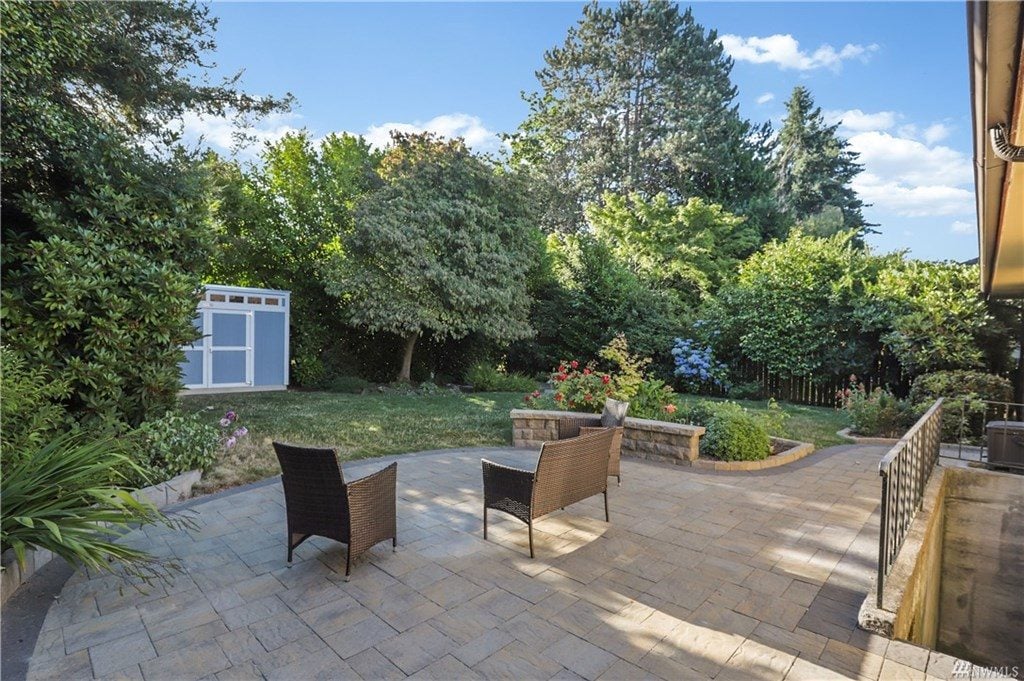 Backyard patio with shed