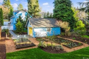 The backyard garage and vegetable beds