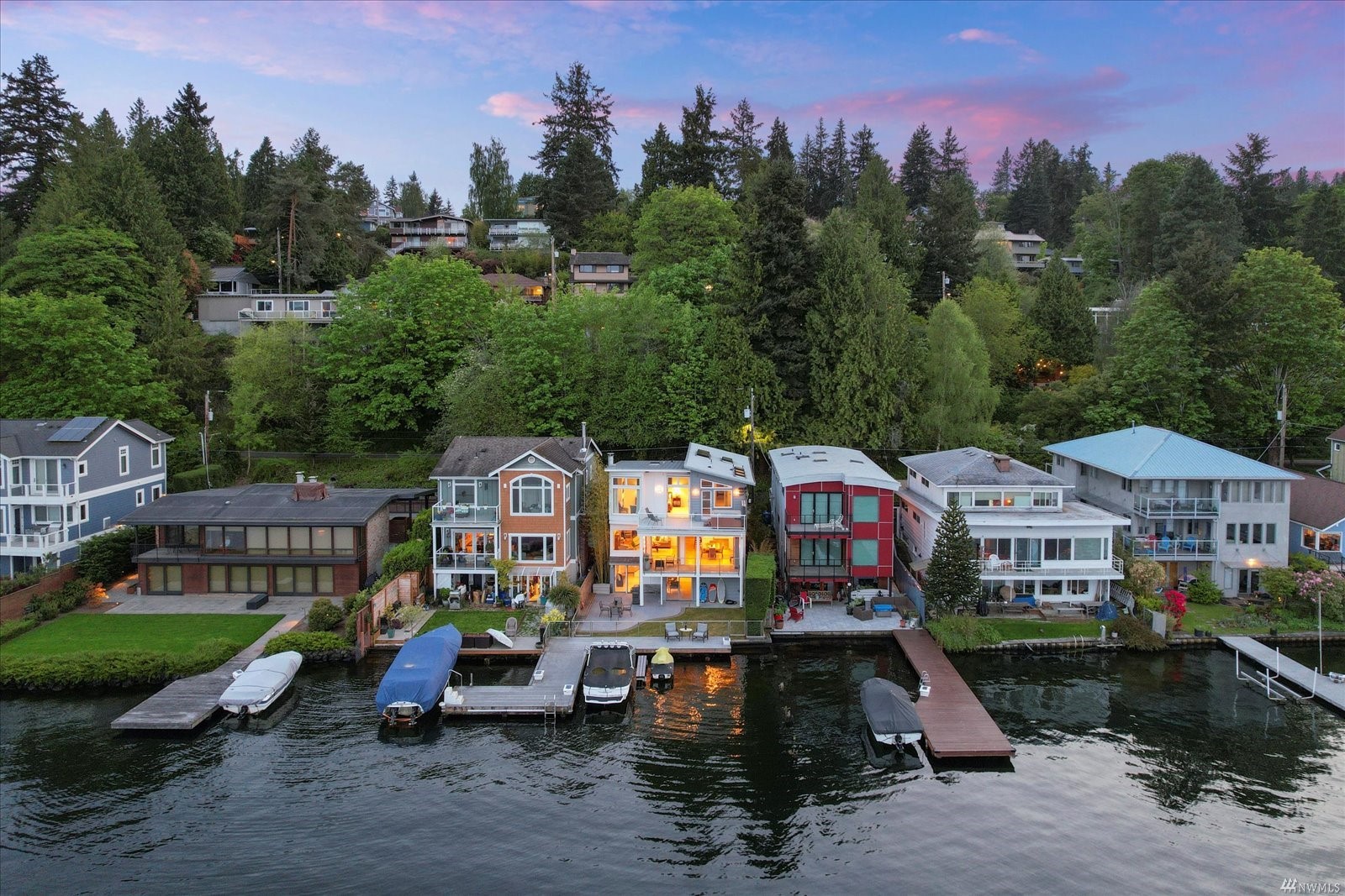 A distant view from Lake Washington of the Matthews Beach home