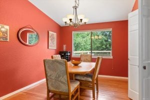 Dining room with windows to back deck