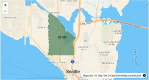 A map showing the 98109 ZIP code area of Seattle