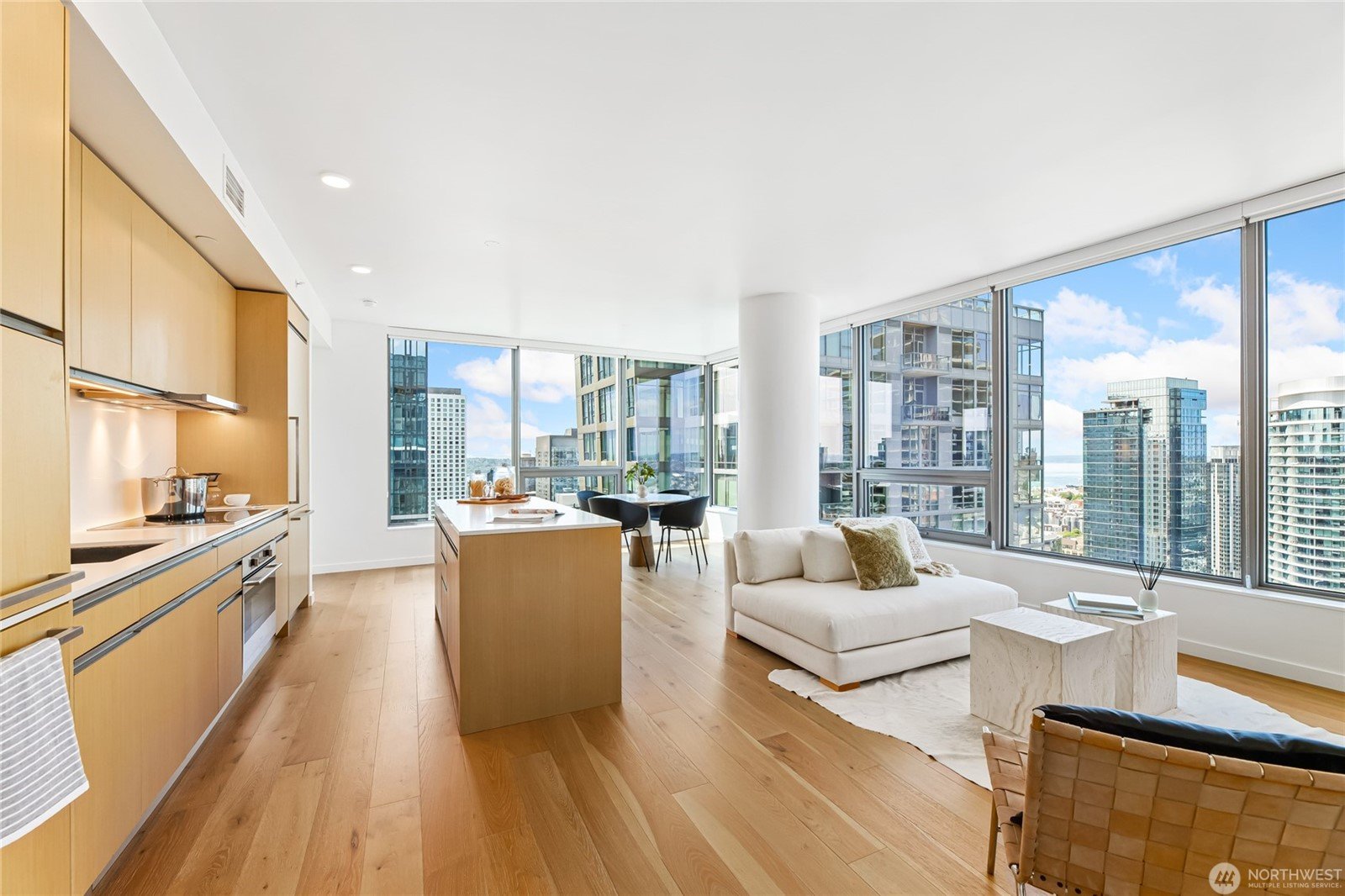 The interior of 1808 Minor Ave #3805 with views of downtown Seattle