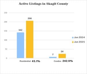 Skagit County Real Estate Market - Active Listings in Jan 2024 (residential: 142, condo: 7) & Jan 2025 (residential: 206, condo: 24)