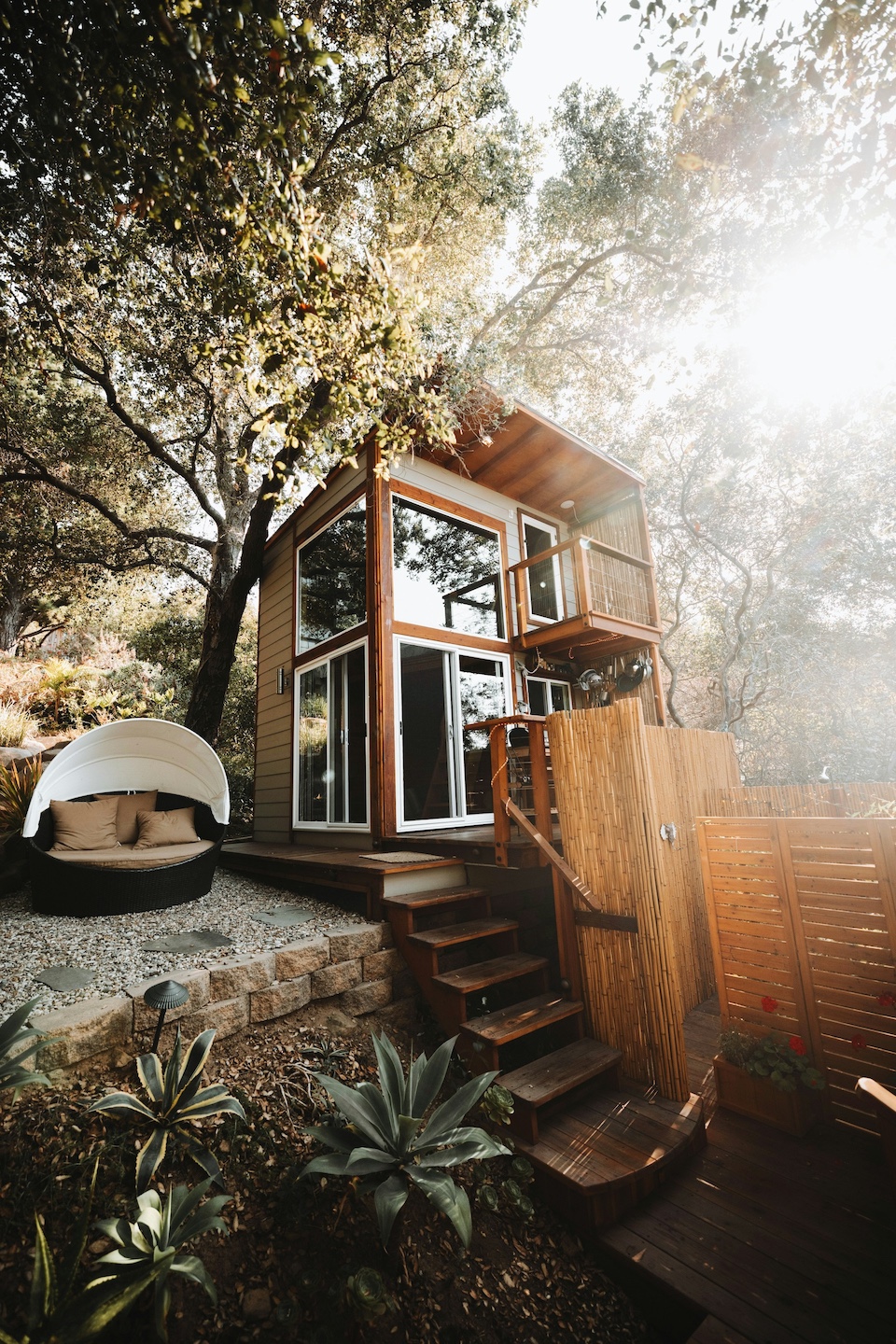 A tiny house in a backyard with the morning sun streaming in
