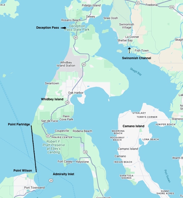 A map showing the northern boundaries of Puget Sound: Admiralty Inlet (between Point Wilson and Point Partridge), Deception Pass and Swinomish Channel