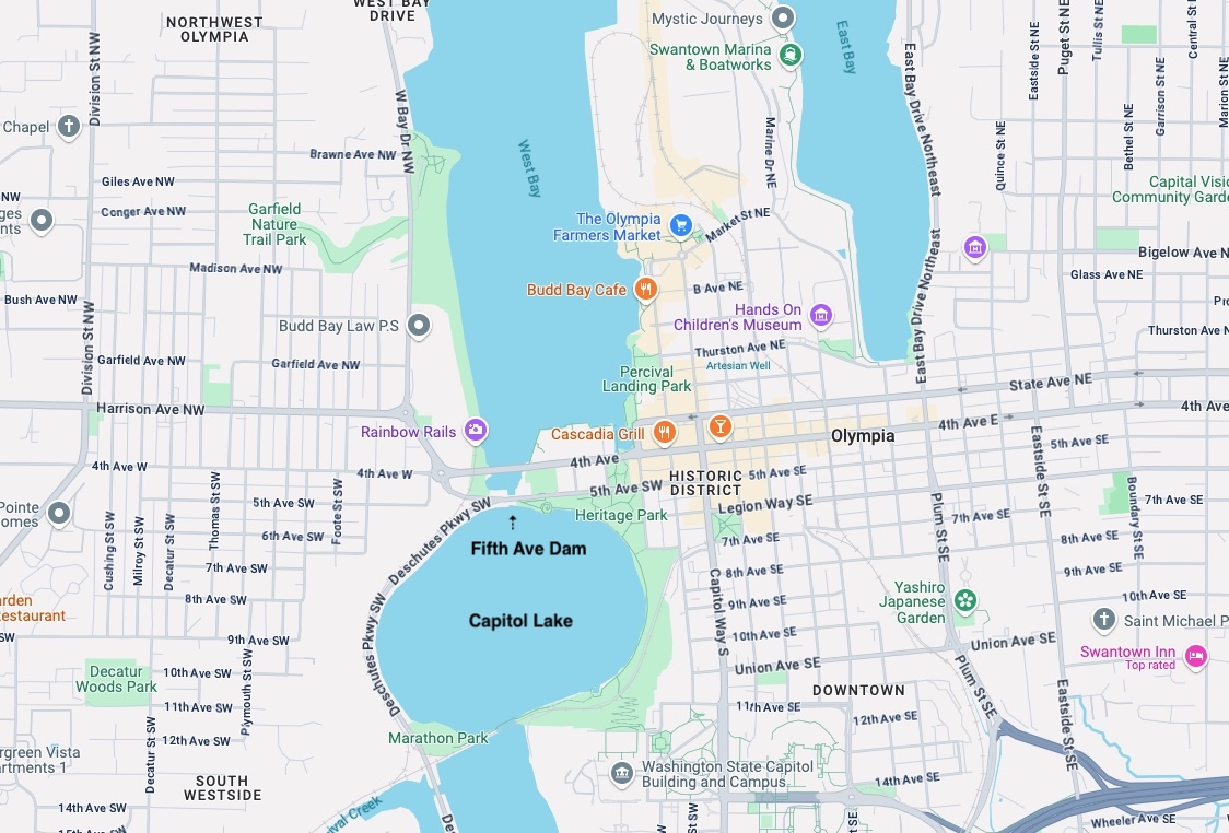 The southern reach of Puget Sound is at West Bay which leads to Budd Inlet
