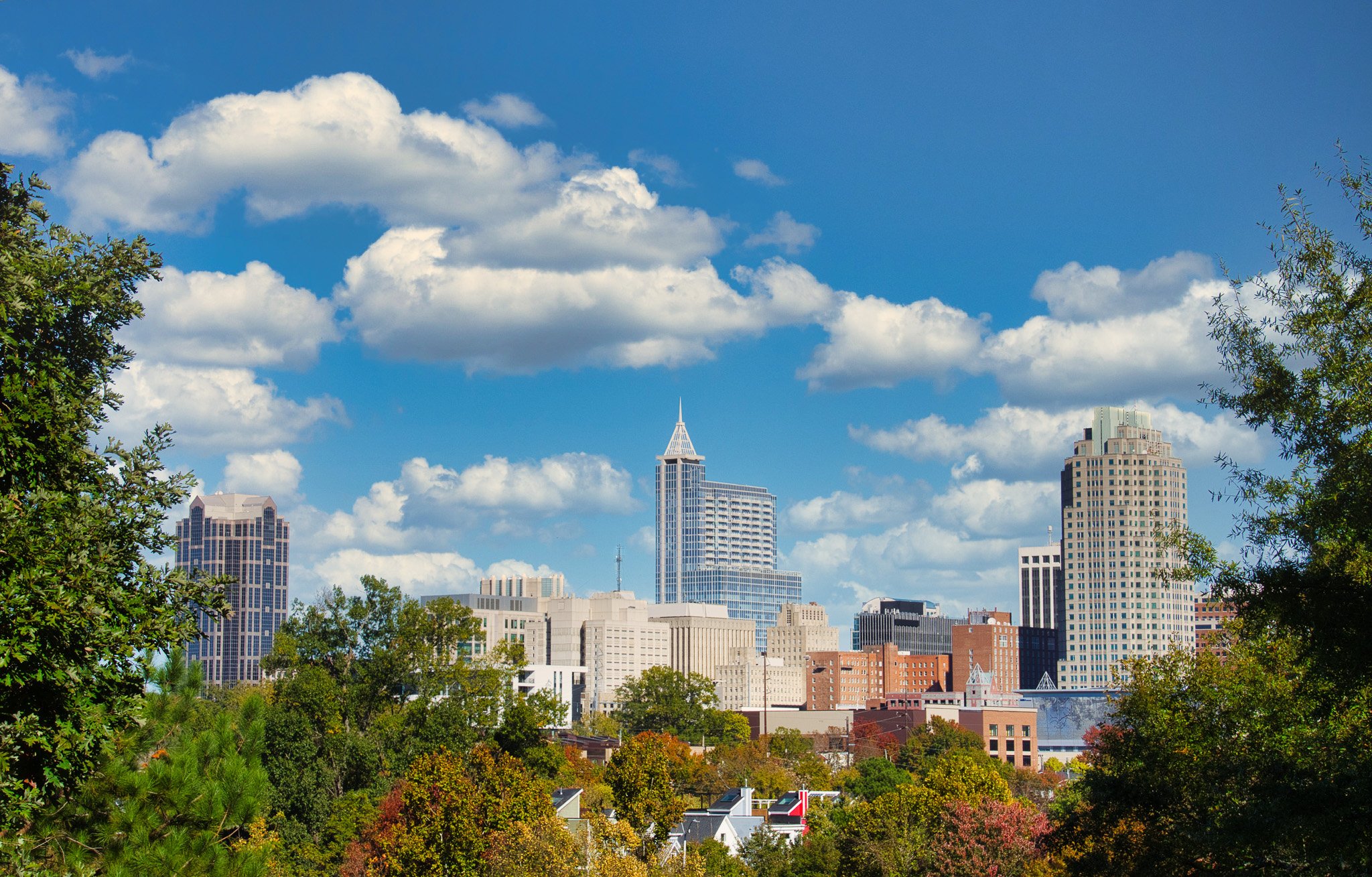 A beautiful cloudy city skyline of downtown Raleigh North Caroli