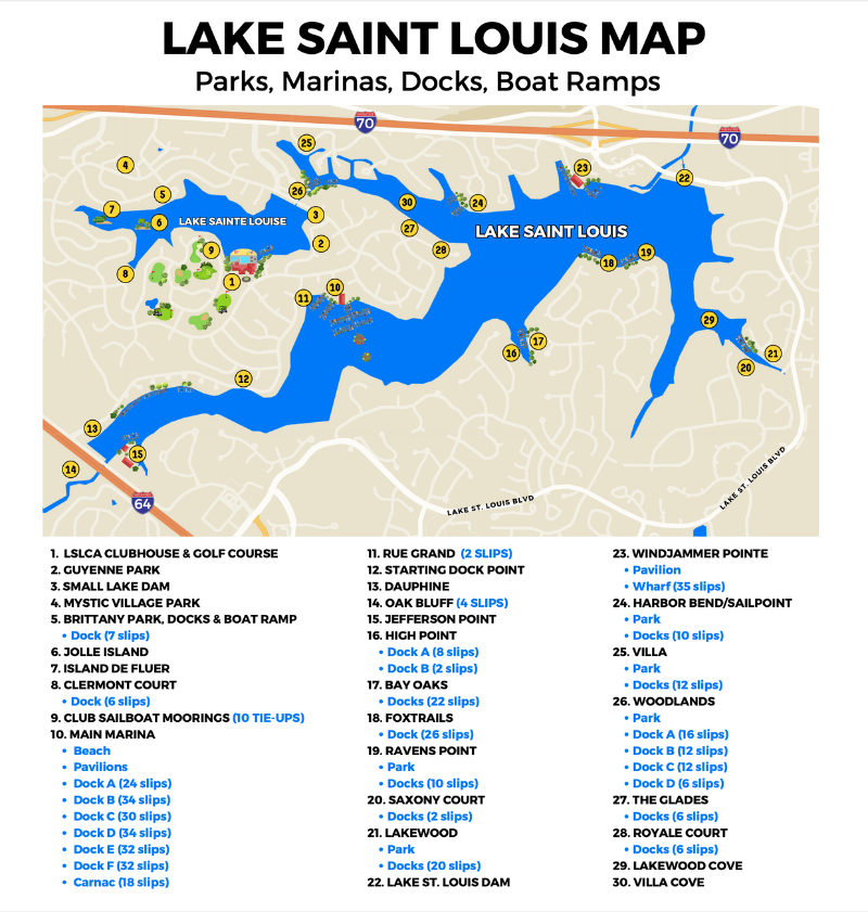 Lake St. Louis map of docks, boat ramps, and parks