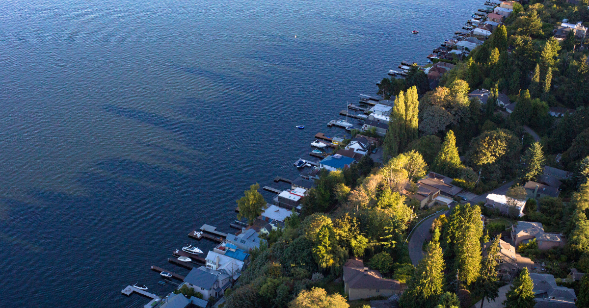 Kenmore, WA waterfront homes and docks on Lake Washington