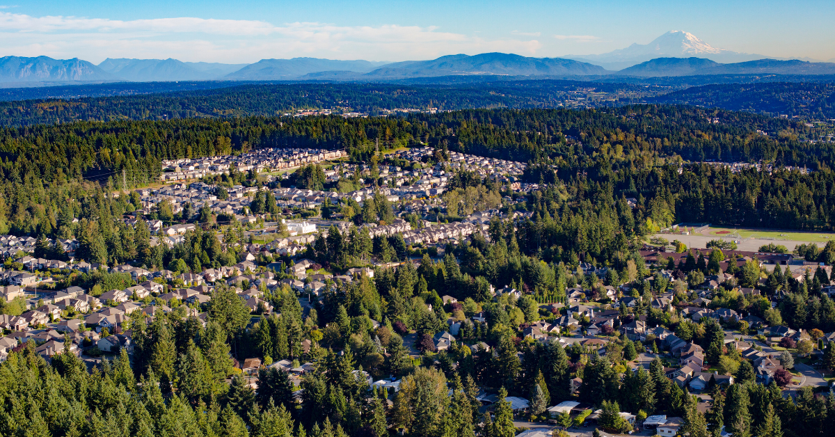 Fall aerial view of homes in the real estate market in Bothell WA