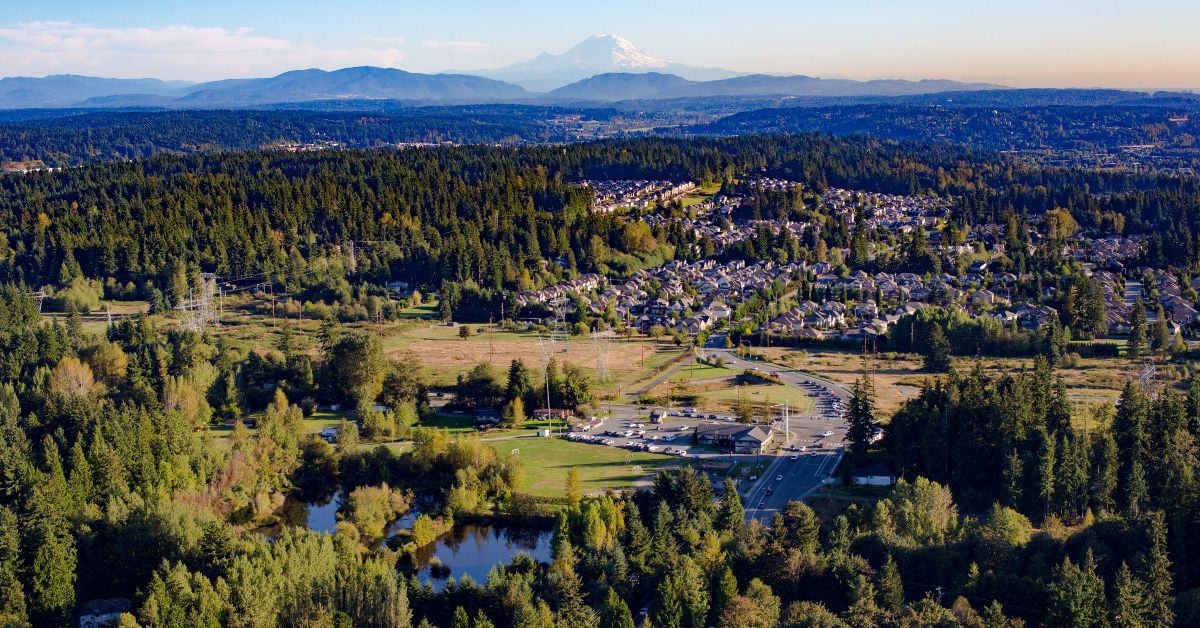Bothell Landing Park bridge and downtown Bothell neighborhood near Seattle