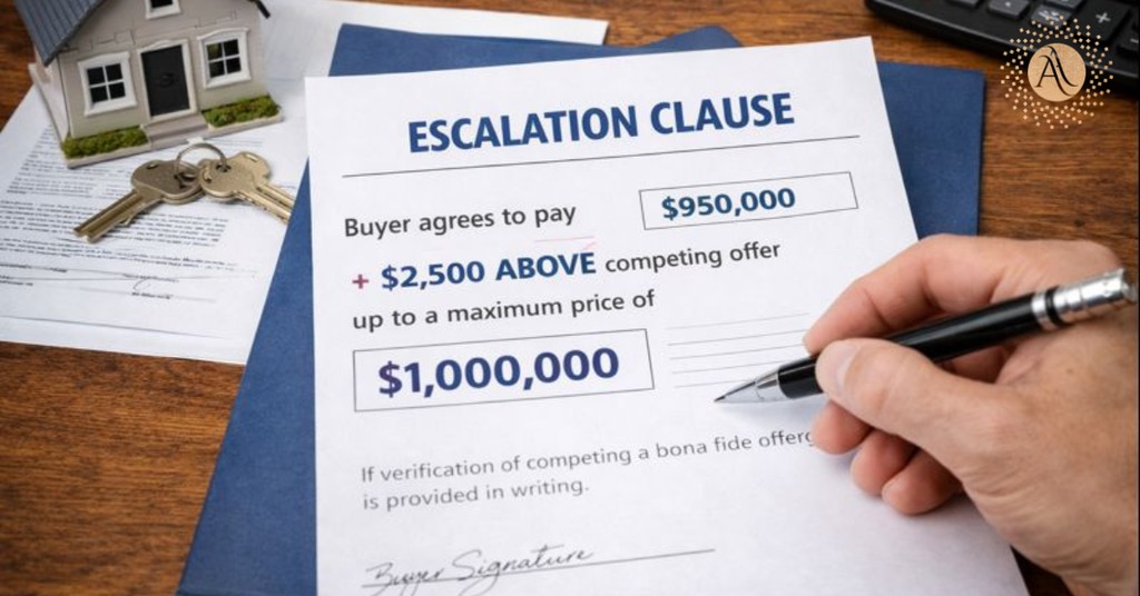 Real estate escalation clause example buyer offers $2,500 over competing bid starting at $950K, up to $1 million in Seattle housing market
