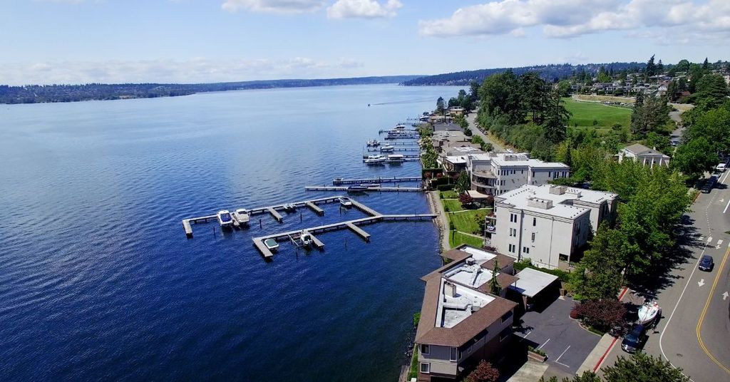Aerial view of Kirkland waterfront neighborhoods and shoreline