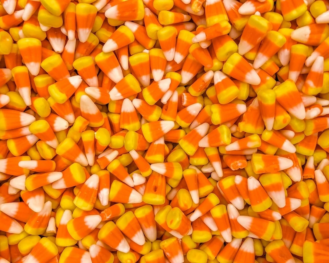 Close-up of a pile of orange, yellow, and white candy corn