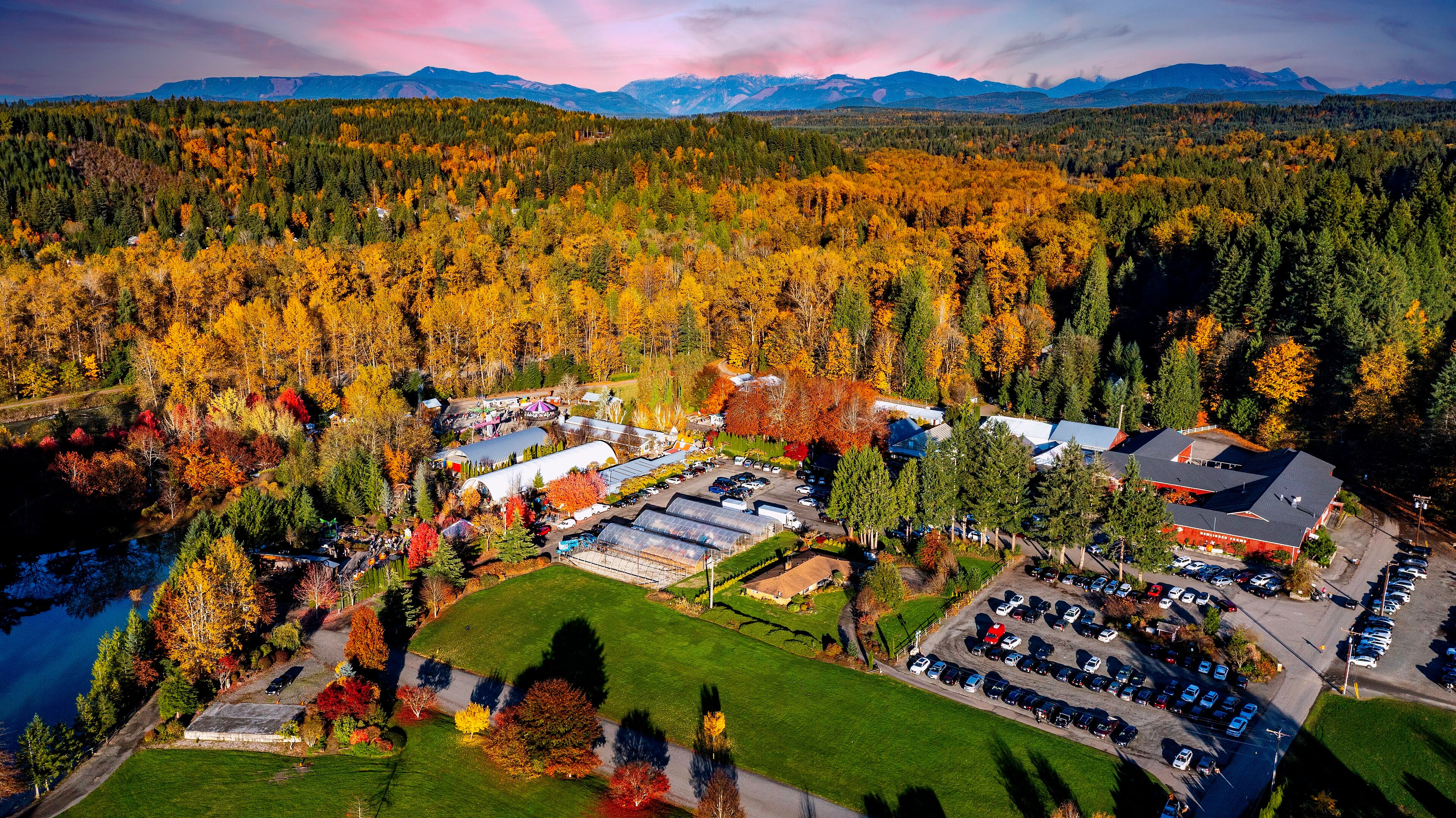 Aerial view of Remlinger Farms and the Snoqualmie Valley at sunset in Carnation, WA
