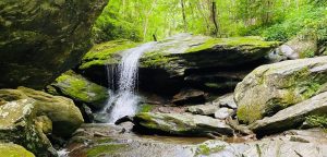 Waterfall over mossy rocks at Otter Falls Trail in Seven Devils, NC.