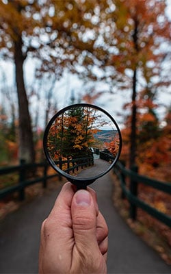 Magnifying glass over autumn colored trees and a trail.