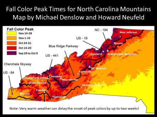 Fall Color Peak Times for North Carolina Mountains Map by Michael Denslow and Howard Neufeid.