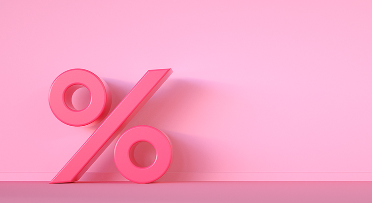 Percentage icon on pink background with copy space. Sales concept. 3d render