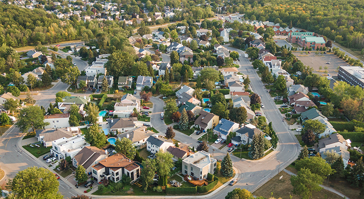 Aerial View of Houses and Streets in Beautiful Residential Neighbourhood, Property, Homes and Real Estate Concept, Montreal, Quebec, Canada