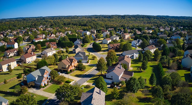 Panoramic aerial view of upscale suburbs