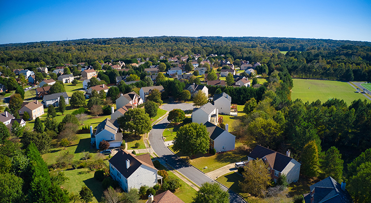 Panoramic aerial view of an upscale suburb