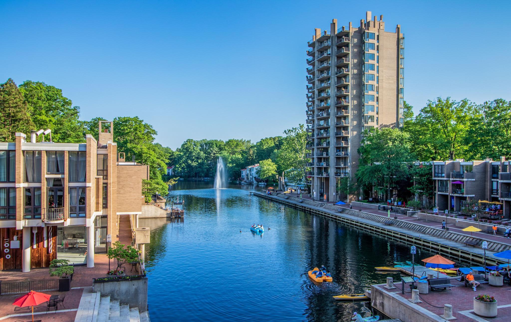Lake Anne and Washington Plaza in Reston, VA during the Summer Time.