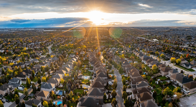 Suburban aerial view with sunset