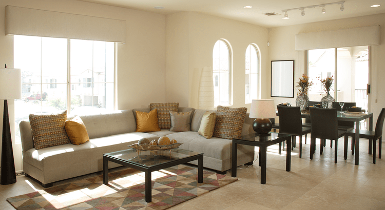 A living room staged with modern furniture