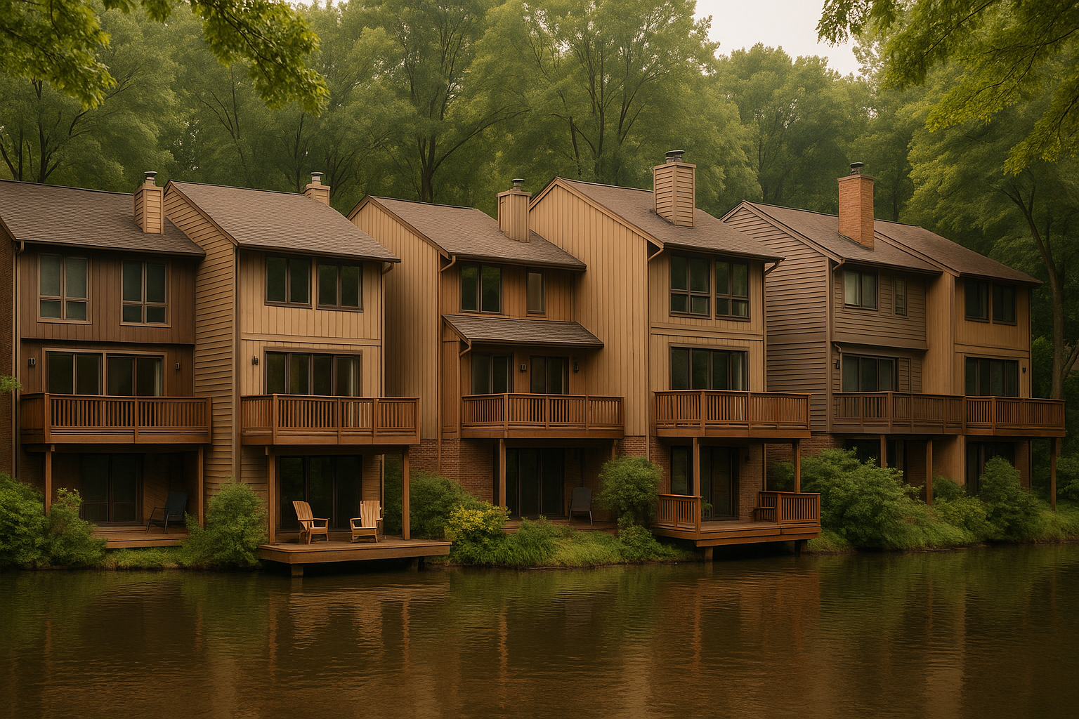 Row of Reston lakefront townhomes under mature trees.