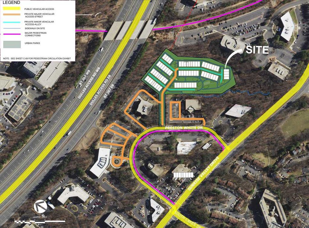 Map of surrounding area of commercial development off of Preston White Drive in Reston, VA