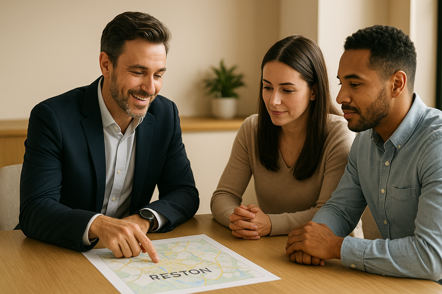 A top Reston real estate agent showing out of town buyers a map of Reston, VA