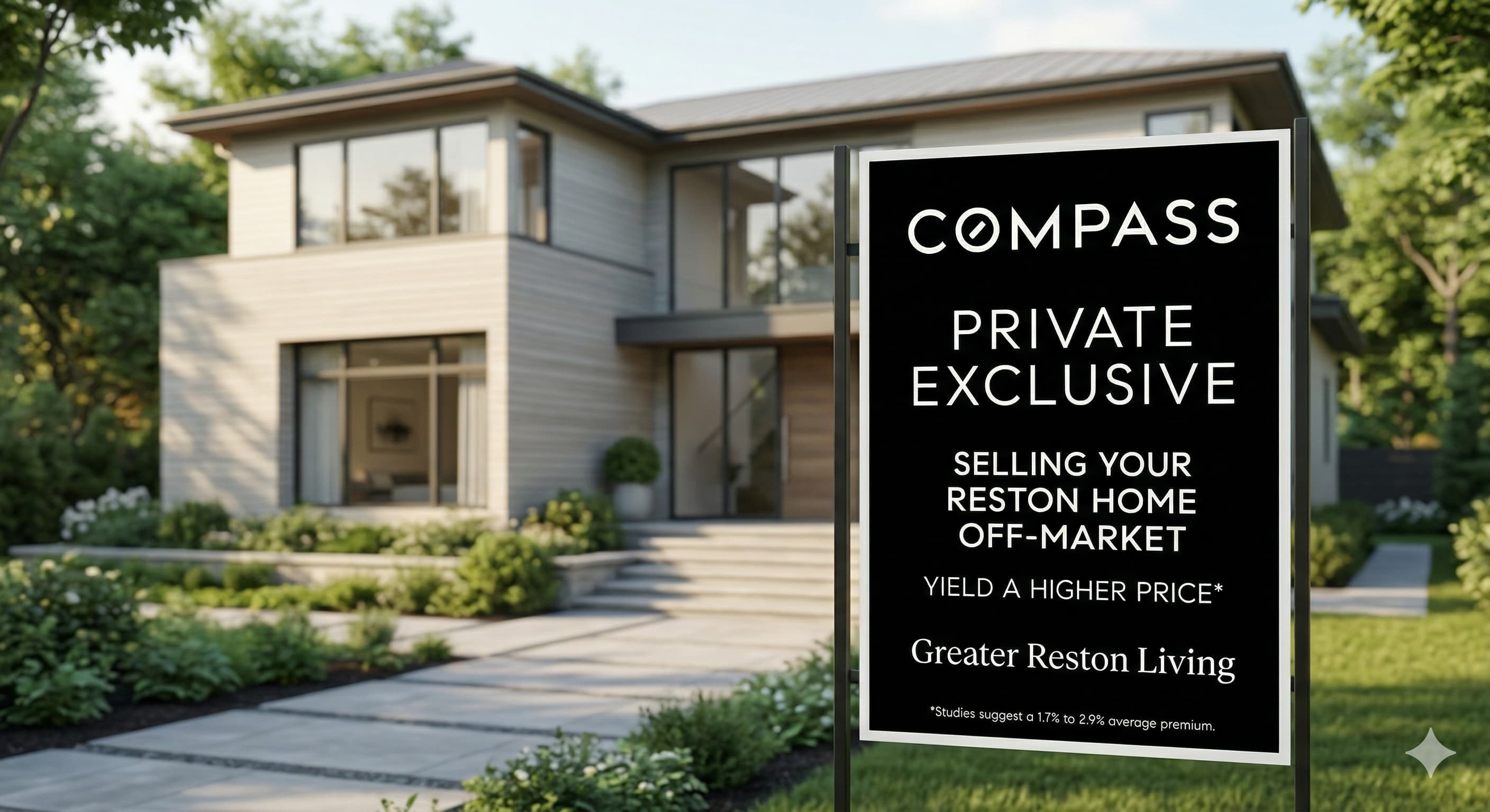 Modern Reston luxury home with a Compass Private Exclusive real estate sign, illustrating off-market selling strategies.
