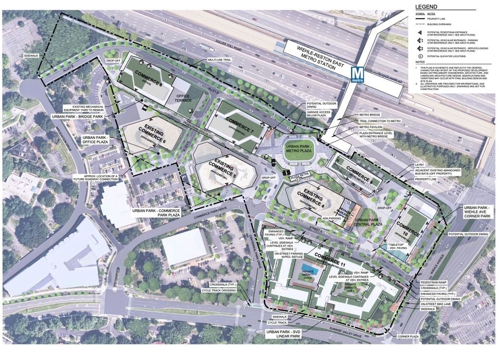 Marked locations for buildings at Commerce Metro District in Reston, VA