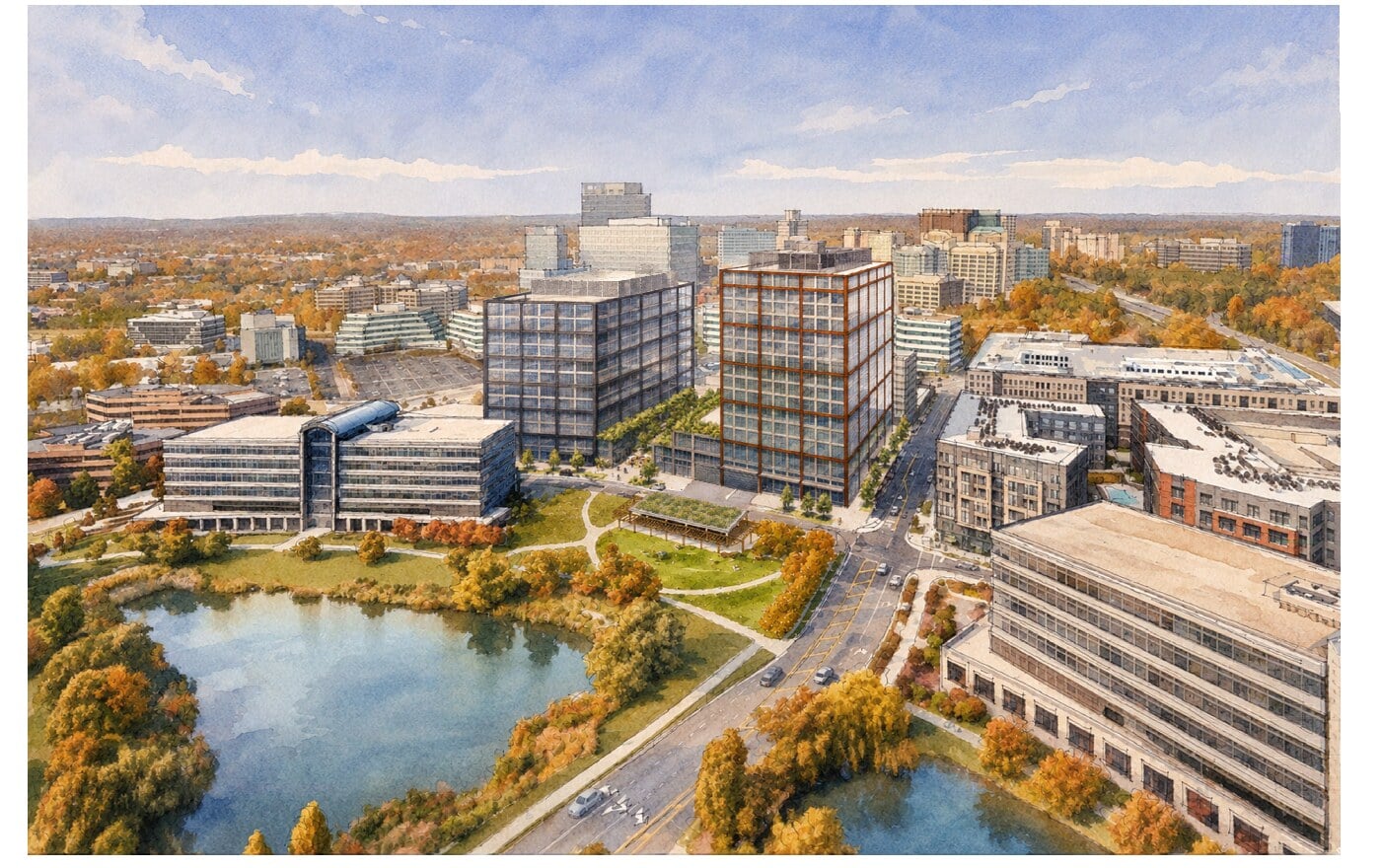 Watercolor rendering of the proposed Halley Rise Block D office buildings in Reston, viewed from the air looking northwest over the stormwater ponds along Sunrise Valley Drive.