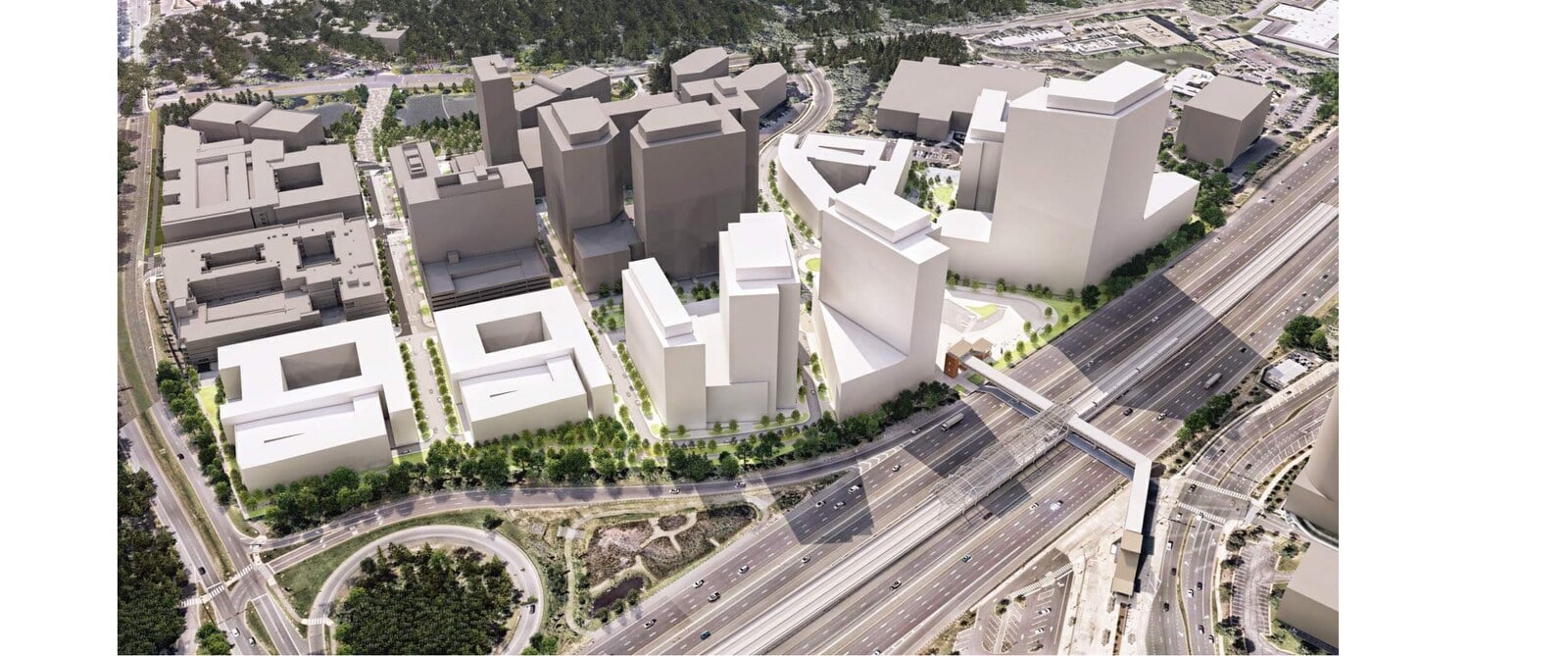 Aerial massing rendering of the proposed Reston Crossing development beside the Reston Town Center Metro station and Dulles Toll Road