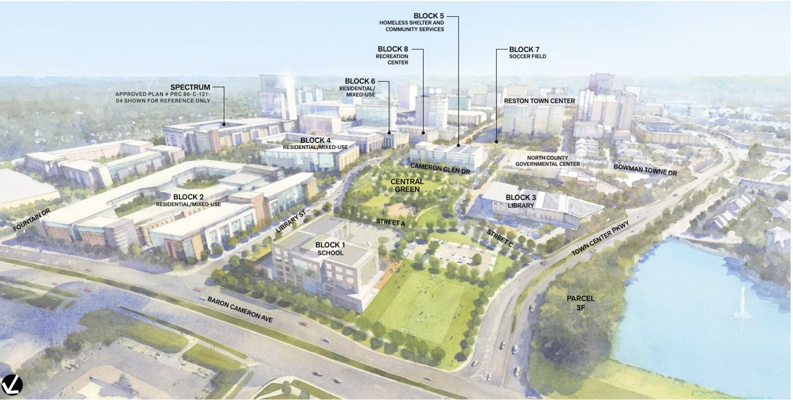 Aerial illustrative rendering of the Reston Town Center North redevelopment showing labeled blocks, the Central Green, and Reston Town Center in the background