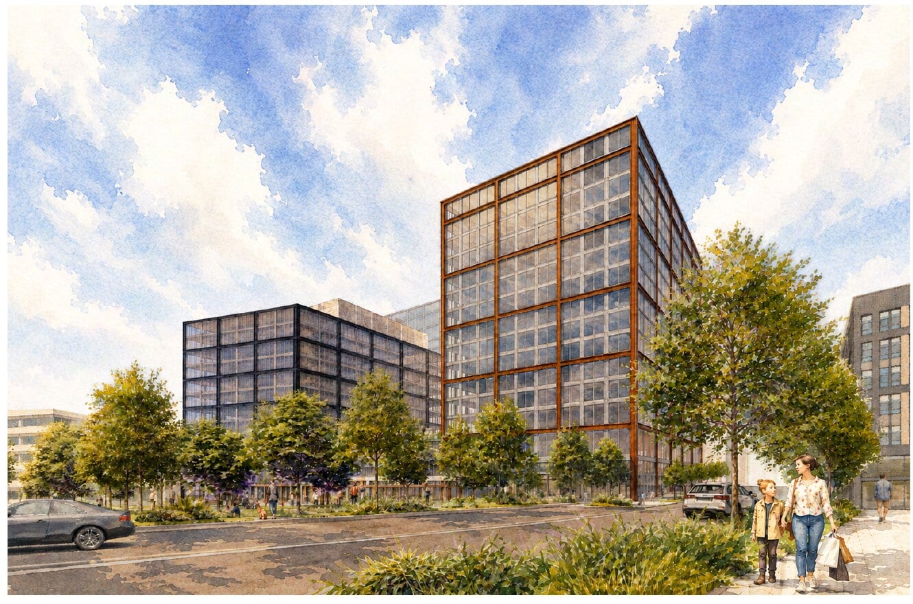 Watercolor rendering of the proposed Halley Rise Block D office buildings in Reston seen from Fulton Place, with street trees and pedestrians in the foreground.