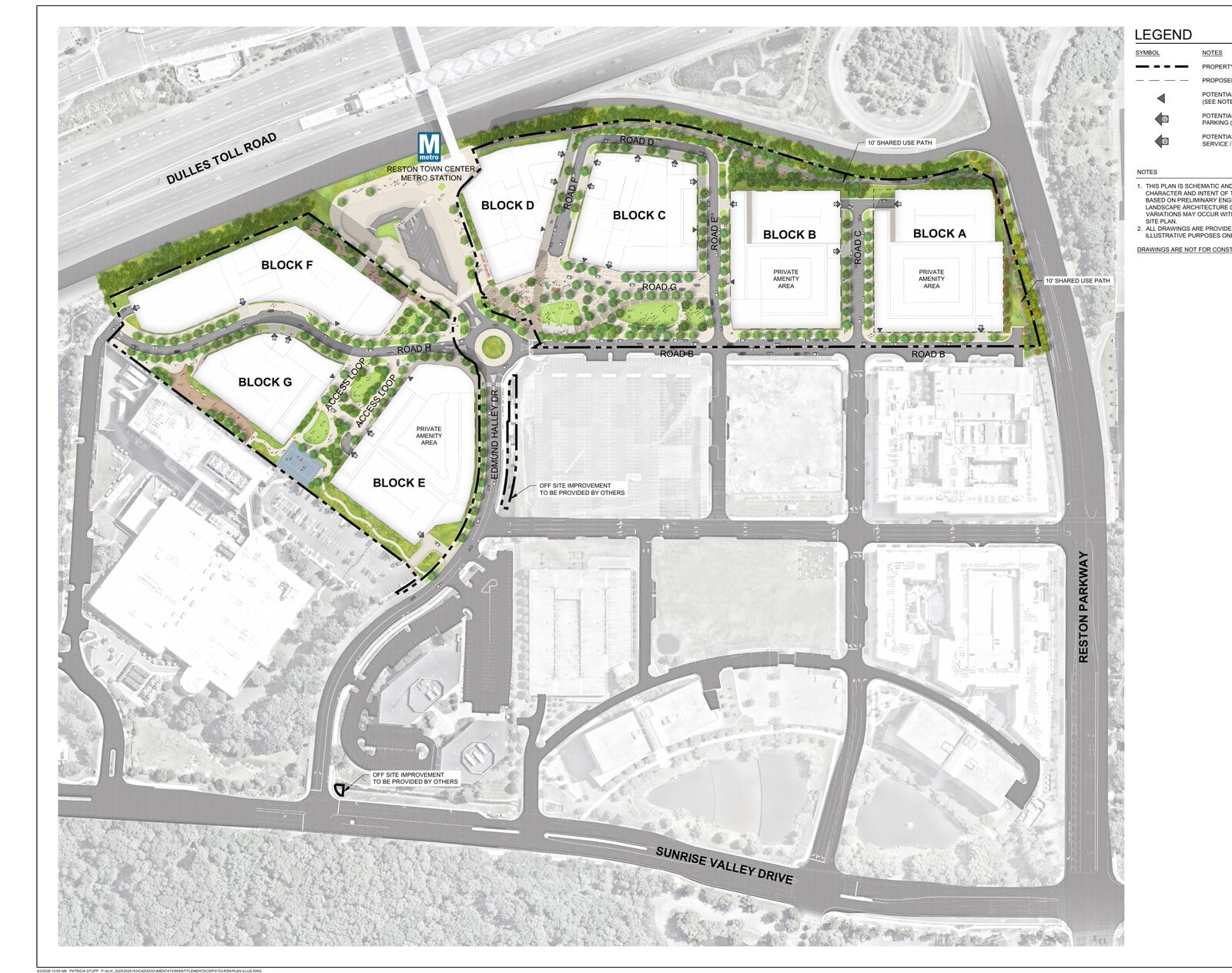 Illustrative site plan showing seven labeled development blocks around the Reston Town Center Metro south entrance