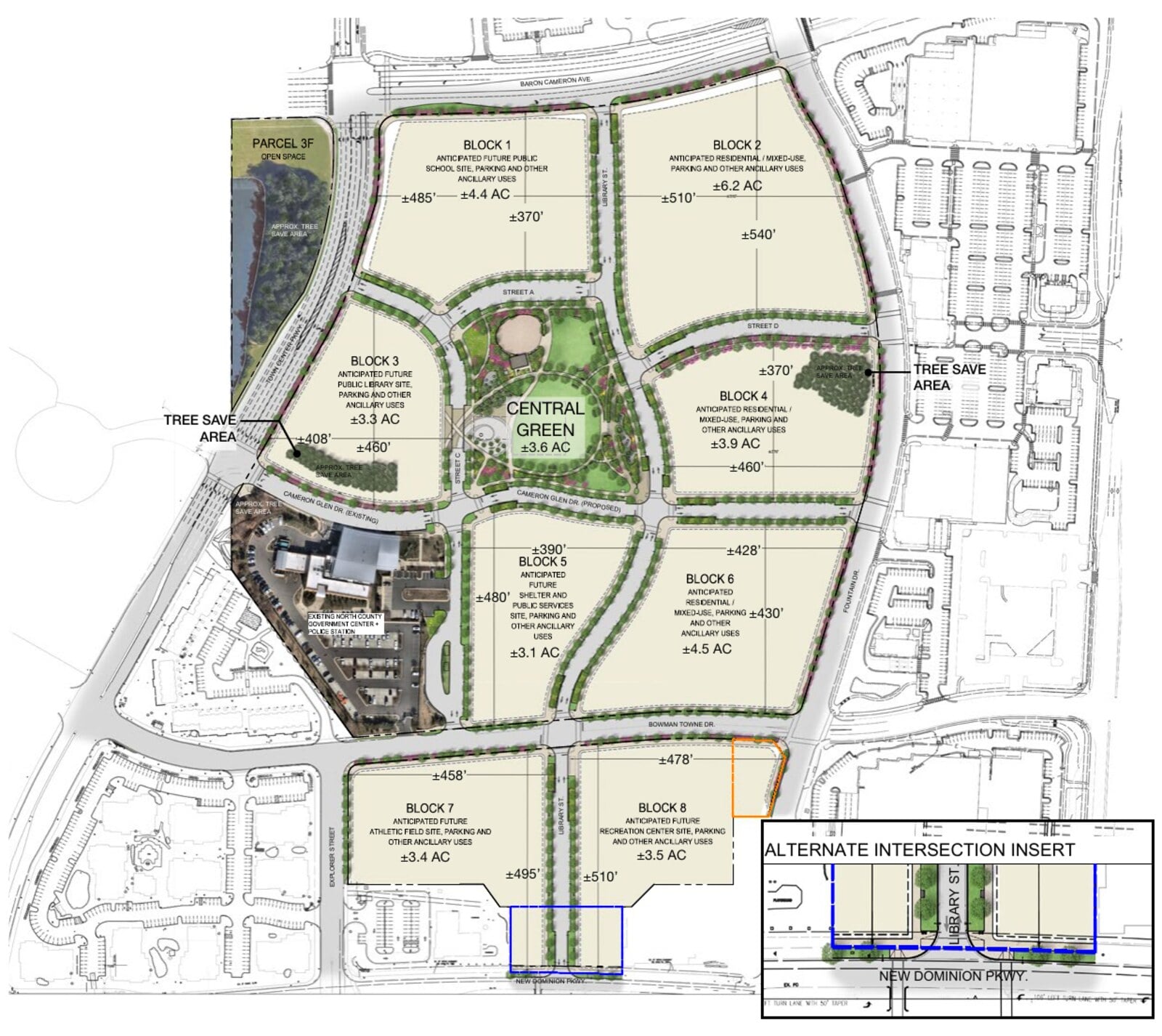 Development plan excerpt showing eleven labeled blocks with acreages around a Central Green at Reston Town Center North