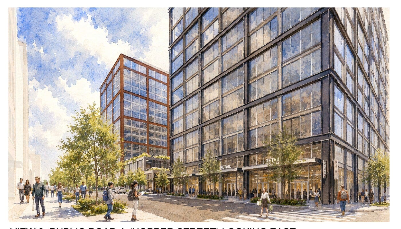 Street level rendering of Hopper Street at Halley Rise in Reston, showing pedestrians walking past ground floor retail beneath two office towers.