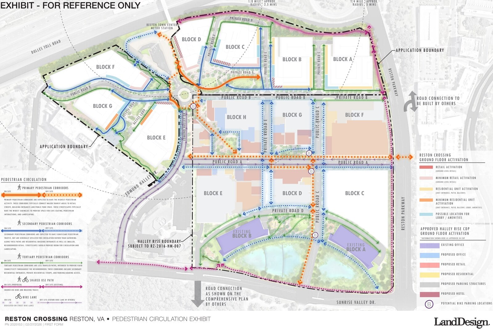 Color-coded exhibit of ground floor retail and residential activation across Reston Crossing and the adjacent Halley Rise
