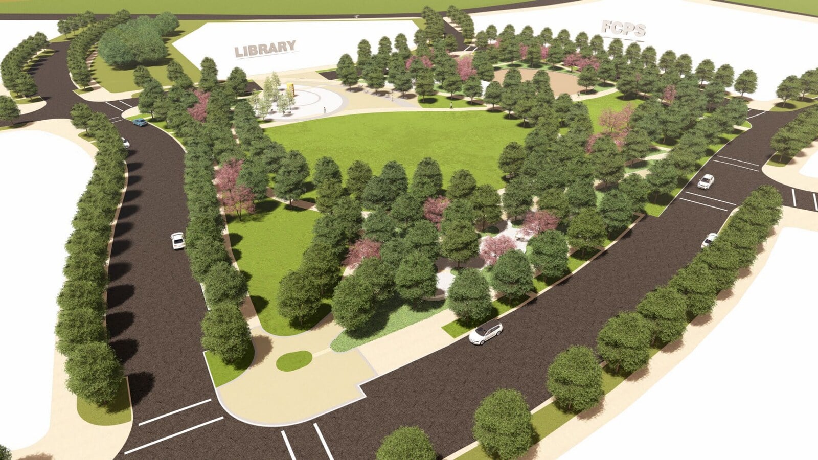 Rendering of the interim Central Green park with lawns, paths, and tree-lined streets next to the future library site