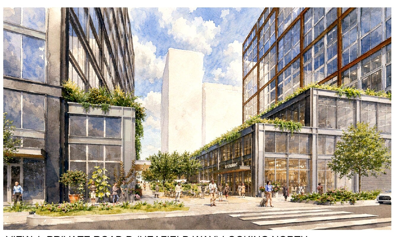 Rendering of Heafield Way at Halley Rise in Reston looking north, showing shoppers and diners along a landscaped pedestrian street between buildings.