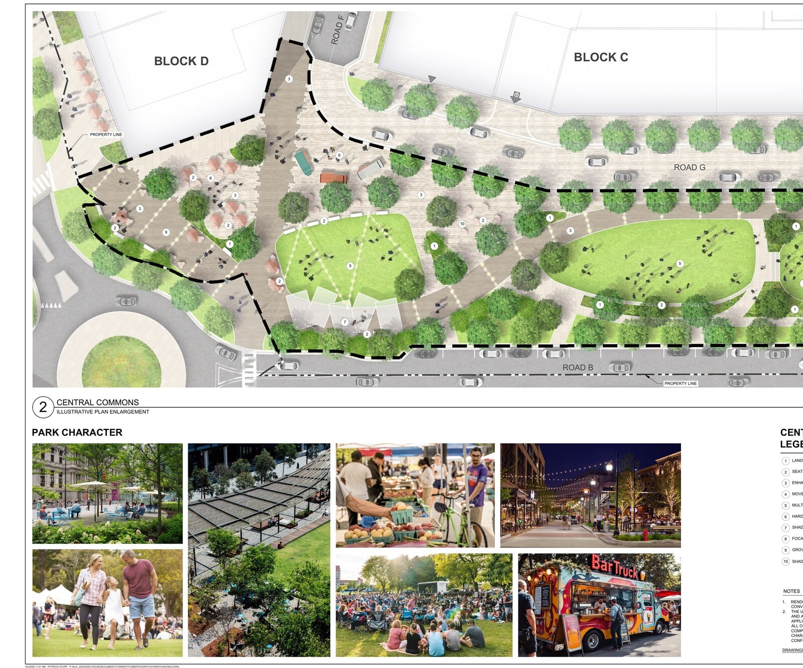 Landscape plan enlargement of the Central Commons park between Blocks C and D with precedent photos