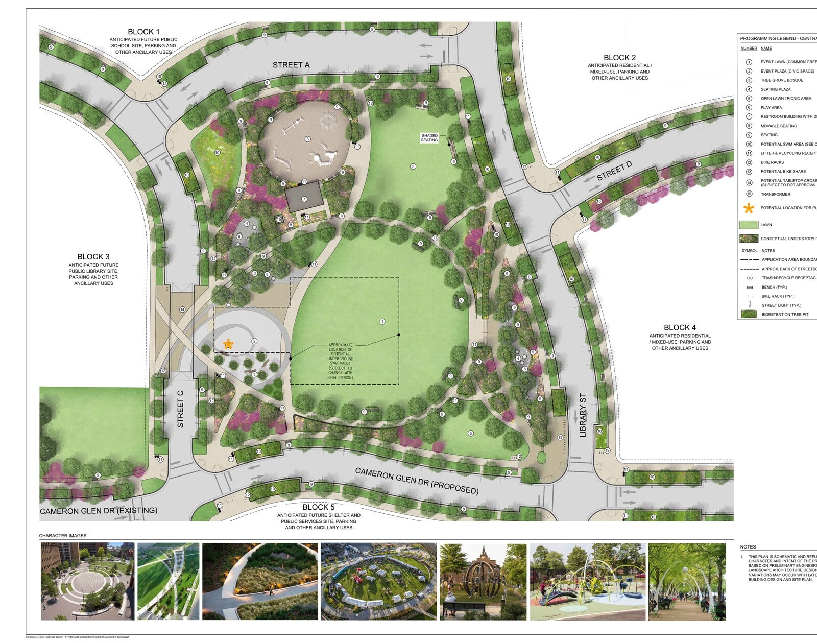Landscape plan sheet showing the final Central Green design with event plaza, lawn, play area, and surrounding blocks
