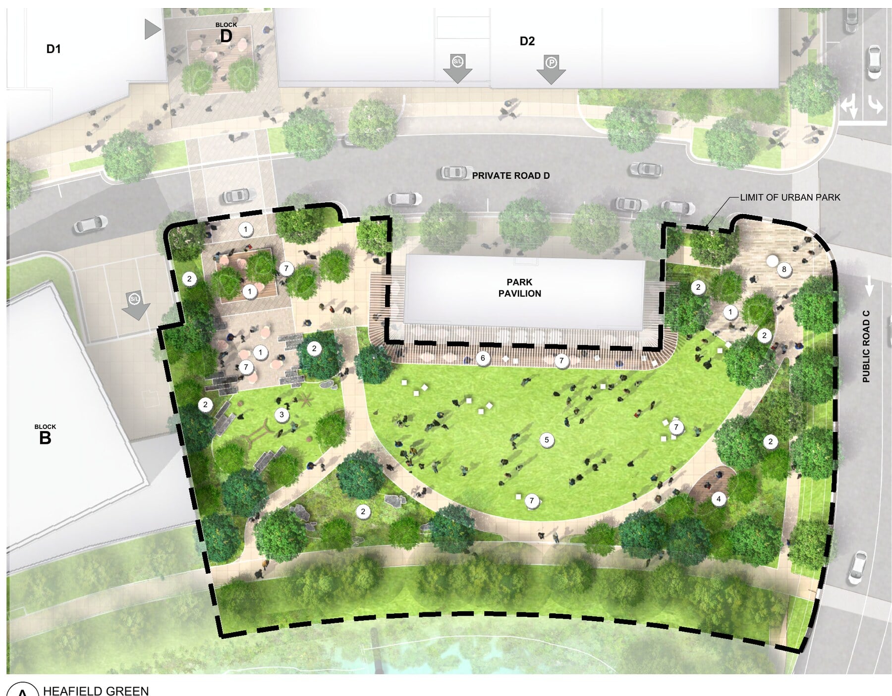 Site plan of Heafield Green park at Halley Rise showing the multipurpose lawn, stage, park pavilion, nature play area, and surrounding streets.